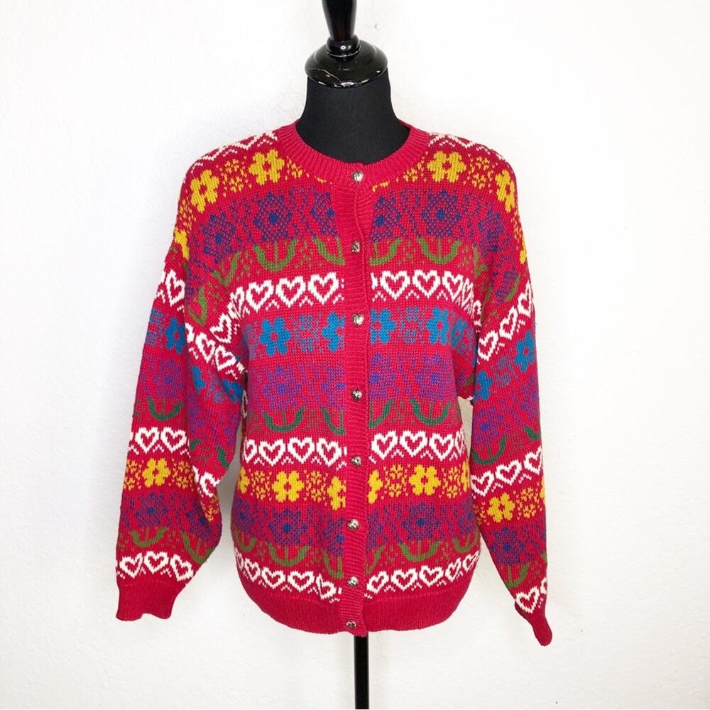 Vintage Northern Isles red heart floral knit button down cardigan size Large